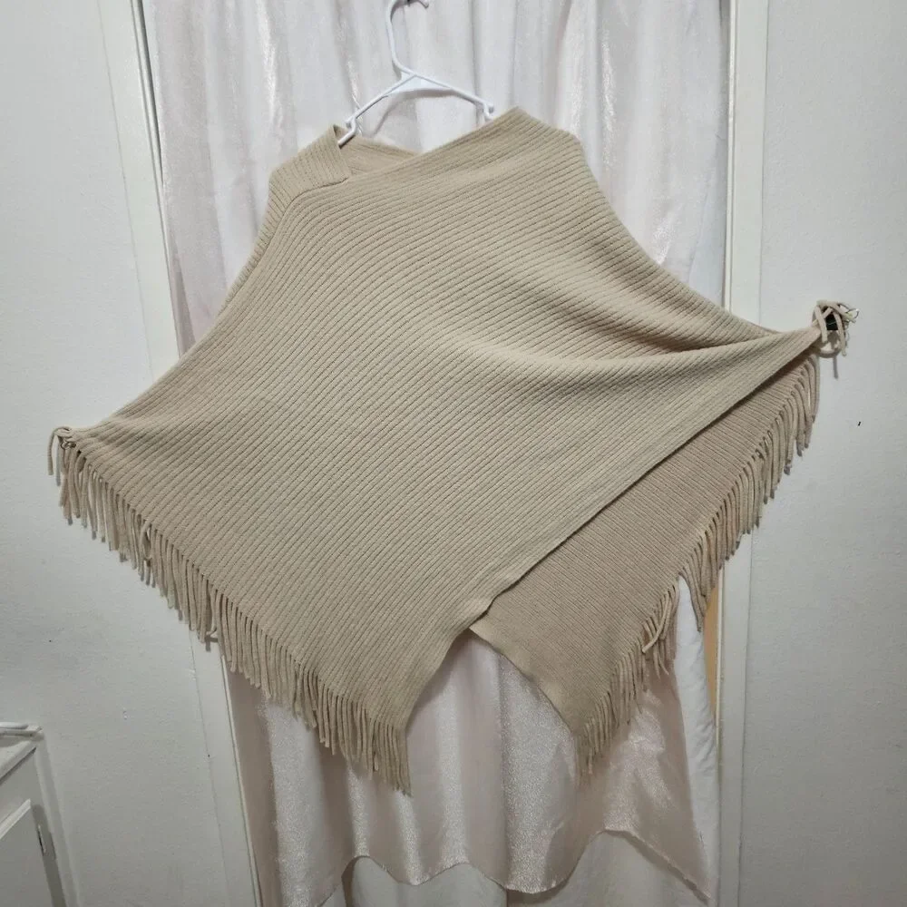 Women's Cream Ribbed Knit Poncho Cape Fringe Trim One Size Cozy Sweater Wrap